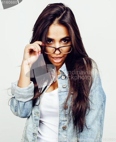 Image of young happy smiling latin american teenage girl emotional posing on white background, lifestyle people concept 