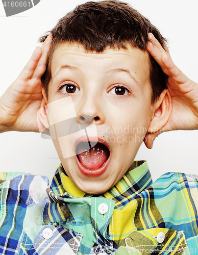 Image of young pretty little cute boy kid wondering, posing emotional face isolated on white background, gesture happy smiling close up, lifestyle people concept