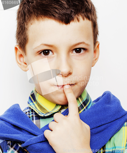 Image of young pretty little cute boy kid wondering, posing emotional face isolated on white background, gesture happy smiling close up, lifestyle people concept