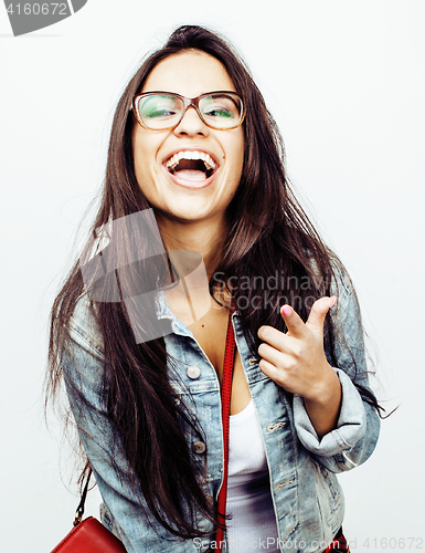 Image of young happy smiling latin american teenage girl emotional posing on white background, lifestyle people concept 