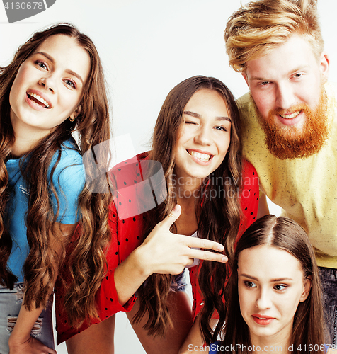 Image of company of hipster guys, bearded red hair boy and girls students having fun together friends, diverse fashion style, lifestyle people concept isolated on white background