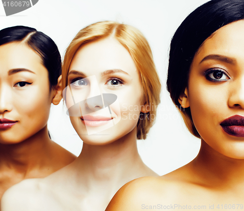Image of three different nation woman: asian, african-american, caucasian together isolated on white background happy smiling, diverse type on skin, lifestyle people concept 