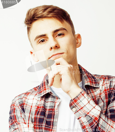 Image of young handsome teenage hipster guy posing emotional, happy smiling against white background isolated, lifestyle people concept 