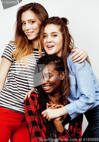 Image of diverse nation girls group, teenage friends company cheerful having fun, happy smiling, cute posing isolated on white background, lifestyle people concept 