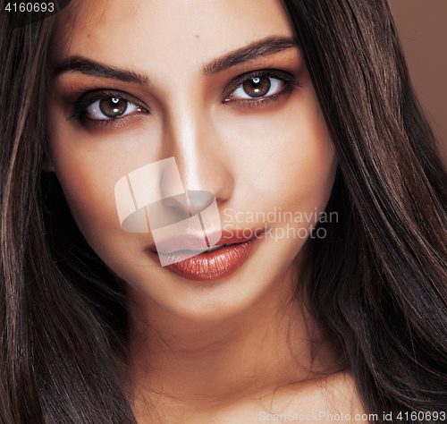 Image of cute happy young indian woman in studio close up happy smiling, fashion mulatto adorable smile, lifestyle people concept 