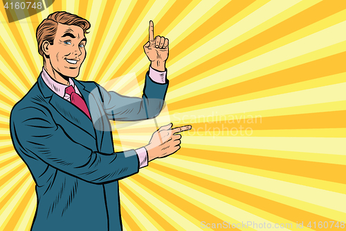 Image of Businessman points up and sideways to copy space background