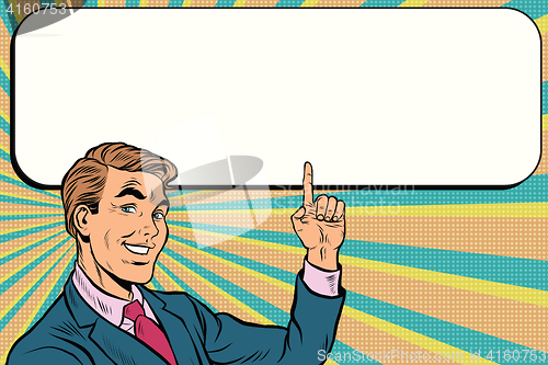 Image of Businessman points up to copy space background