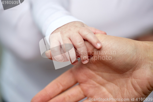 Image of close up of mother and newborn baby hands