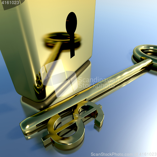 Image of Dollar Key With Gold Padlock Showing Banking Savings And Finance