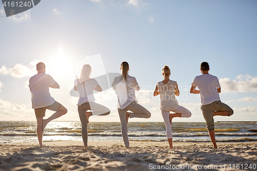 Image of group of people making yoga in tree pose on beach