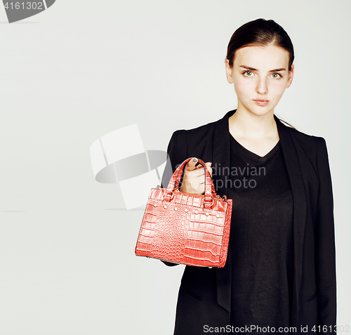 Image of young pretty cool fashion business lady wearing black suit and o