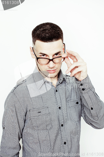 Image of young handsome well-groomed guy posing emotional on white background, lifestyle people concept