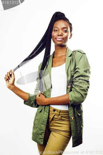 Image of young pretty african-american girl posing cheerful emotional on white background isolated, lifestyle people concept