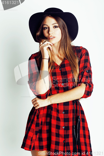 Image of young pretty brunette girl hipster in hat on white background casual close up dreaming smiling. real american modern woman, lifestyle real people concept