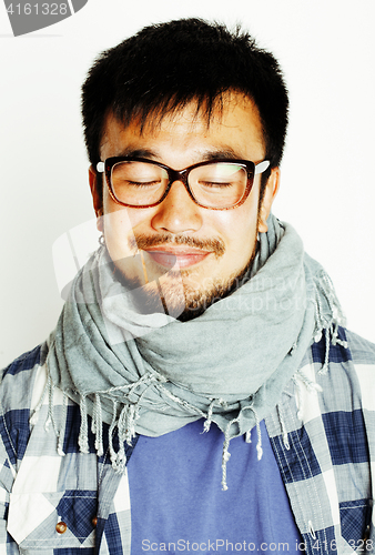 Image of young handsome asian man hipster in glasses on white background 