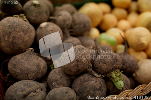 Image of close up of black radish at grocery or market