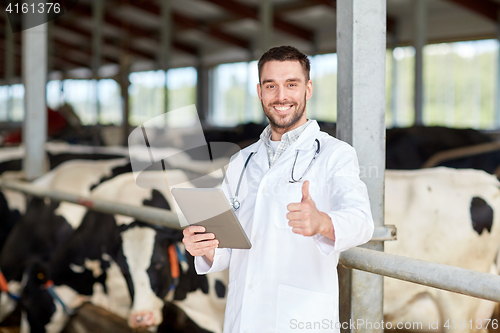 Image of veterinarian with tablet pc and cows on dairy farm