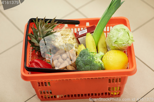 Image of food basket on grocery or supermarket floor