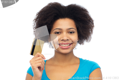 Image of happy african american woman with credit card