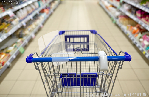 Image of empty shopping cart or trolley at supermarket