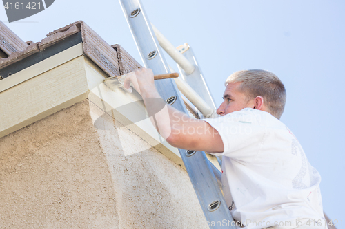 Image of Professional Painter Using Small Roller to Paint House Fascia