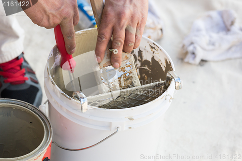 Image of Professional Painter Loading Paint Onto Brush From Bucket