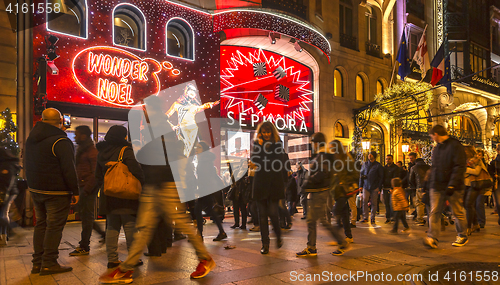 Image of Crowd in Front of Sephora Shop on Champs Elysees in Paris