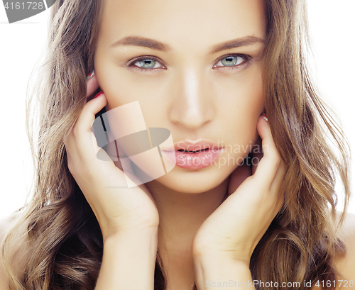 Image of young sweet brunette woman close up isolated on white background, perfect pure innocense beautiful