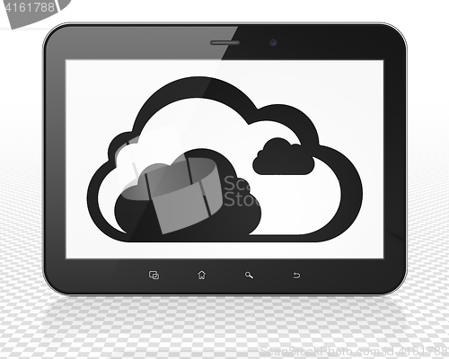 Image of Cloud networking concept: Tablet Pc Computer with Cloud on display