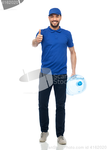 Image of happy delivery man with bottle of water