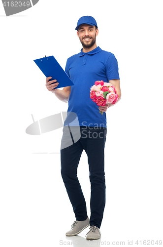 Image of happy delivery man with flowers and clipboard