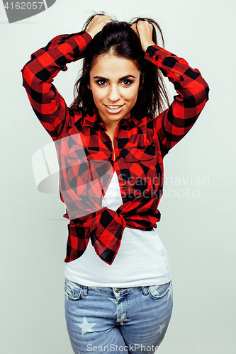 Image of young happy smiling latin american teenage girl emotional posing on white background, lifestyle people concept 