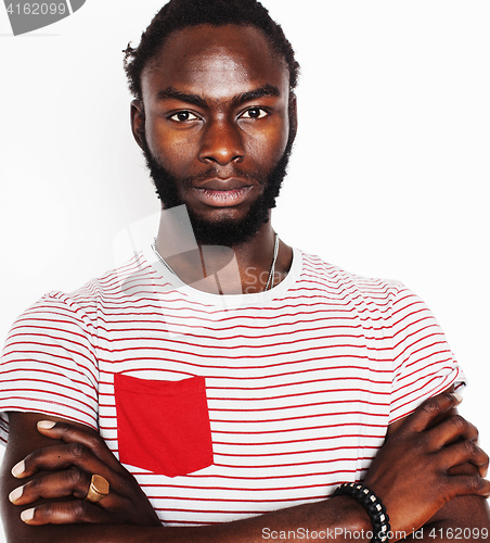 Image of young handsome afro american man gesturing emotional posing isolated on white background, lifestyle people concept close up