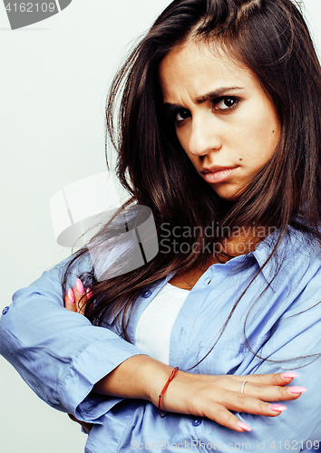 Image of young happy smiling latin american teenage girl emotional posing on white background, lifestyle people concept 