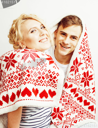 Image of young pretty teenage couple, hipster guy with his girlfriend happy smiling and hugging isolated on white background, lifestyle people concept, valentine design winter plaid