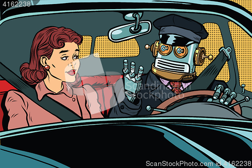 Image of Vintage retro robot autopilot car, woman passenger in unmanned v