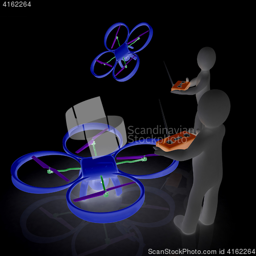 Image of 3d man with drone, quadrocopter, with photo camera. 3d render. 3