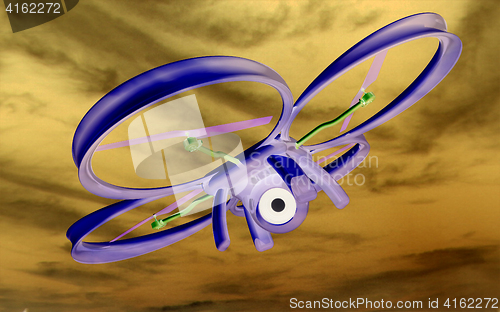 Image of Drone, quadrocopter, with photo camera against the sky. 3D illus