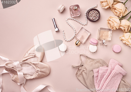 Image of Vintage still Life with roses and Ballet Shoes