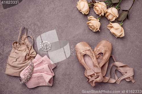 Image of Vintage still Life with roses and Ballet Shoes