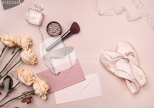 Image of Vintage still Life with roses and Ballet Shoes