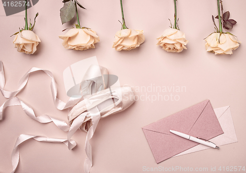 Image of Vintage still Life with roses and Ballet Shoes