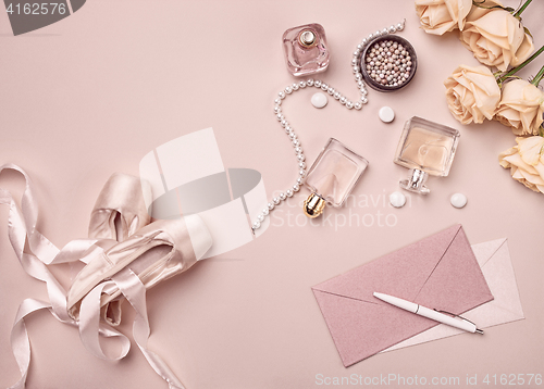 Image of Vintage still Life with roses and Ballet Shoes