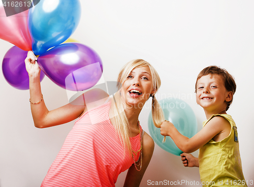 Image of pretty real family with color balloons on white background, blon