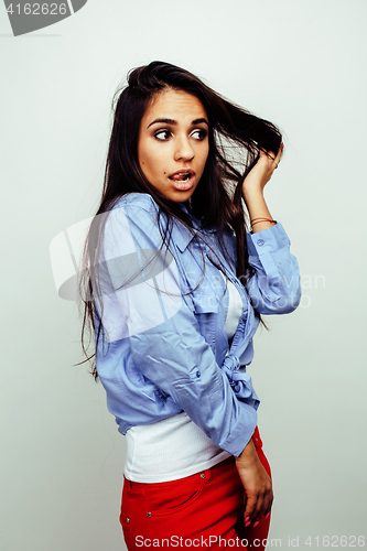 Image of young happy smiling latin american teenage girl emotional posing on white background, lifestyle people concept 