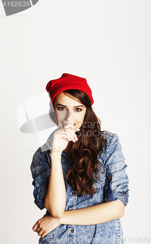 Image of young cheerful brunette teenage girl on white background