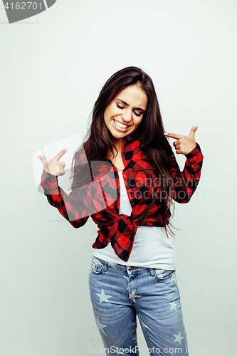 Image of young happy smiling latin american teenage girl emotional posing on white background, lifestyle people concept 