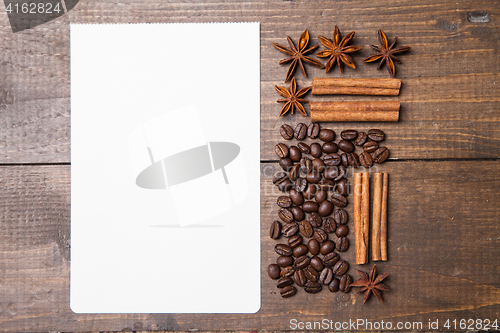 Image of blank paper for recipes  with coffee and spices