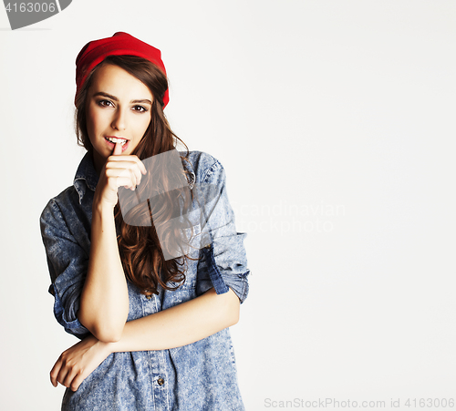 Image of young cheerful brunette teenage girl on white background