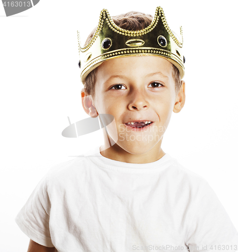 Image of little cute boy wearing crown isolated close up on white